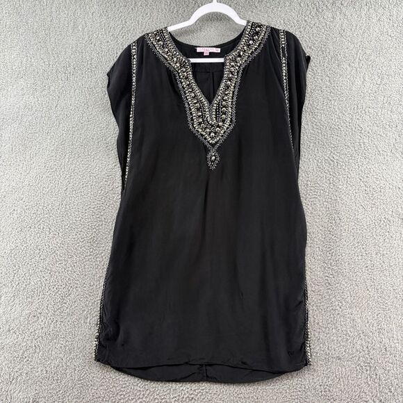 Calypso St. Barth Black 100% Silk Embellished Tunic Dress Top XS Boho Luxe - Picture 2 of 11